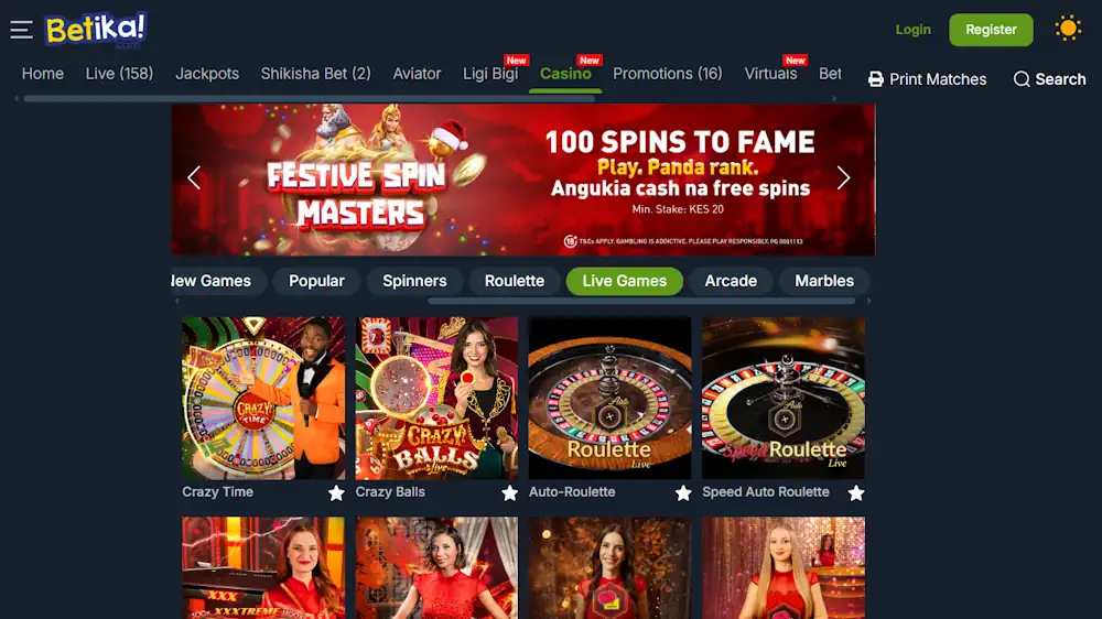 Betika Casino Live Games Screenshot